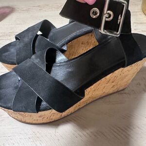 Marc Fisher Black Suede Cork Wedge Sandals with Buckle Ankle Strap preloved